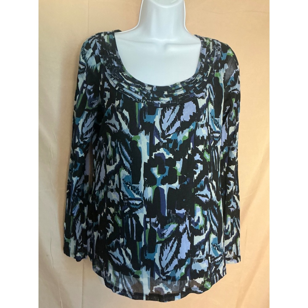 Axcess Blouse Womens Large Blue Green Black Excellent Abstract Mesh Scoop Neck